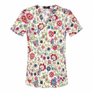 Catro Print Scrub TOPS WOMEN VET NURSER UNIORIDコットショートスリーブブラウスペットグロミング獣医作業服トップ48WZ＃