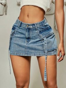 Trendy Street Tooling Style Right Flap Pocket Ribbon Detail Slim Workwear Denim Mini Skirt High Street Clothing 240315