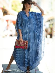 Casual Bikini Cover-ups Blue Tunic Sexy Striped Front Open Summer Beach Dress Elegant Women Beach Wear Swim Suit Cover Up Q1097 240315