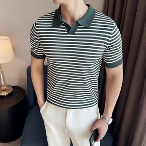 Высококачественная легкая роскошная полосатая рубашка-поло с короткими рукавами, мужские летние молодежные корейские повседневные футболки для мужчин, дышащий базовый топ 240328