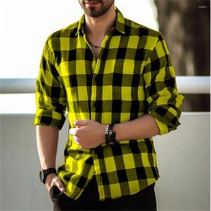 Camisas casuais masculinas 2024 manga longa gola polo sólida xadrez impressa camisa moda tendência de alta qualidade tecido macio e confortável