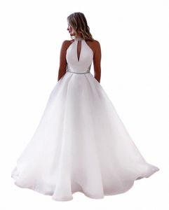 Manray prosta linia boho weselna dla kobiet białe organza wysoko szyi kryształy mostowe szatę de mariage z kieszeniami g23d#