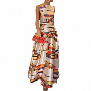 Ellafads Vrouwen Maxi Jurk Zomer Mode Vintage Print rde Hals Mouwloze rugloze Gesmoorde Taille Feestjurk Streetwear 35G4＃