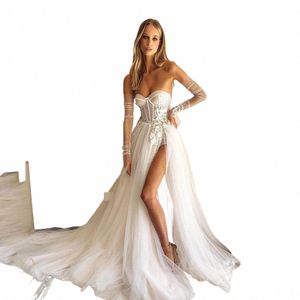 Sumnus White A Line Glitter Boho Wedding Dres 3D Frs Corset Sweetheart High Split Sexy Bohemian Bride Dr Tulle Train E8Q9 #