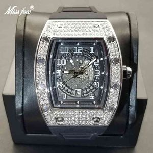 MISSFOX 2021 Nuovo Arrivo Tonneau Orologi Da Uomo Iced Out Pieno di Diamanti Orologio Con Cinturino In Gomma Quadrante Cavo di Design di Sport di Lusso Orologio Maschile2835