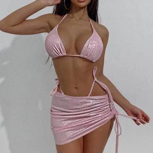 Women's Swimwear Pink Shiny 3 Piece Swimsuit For Women 2024 Drawstring Skirt Bikini Set Summer Beach Vacation Thong Backless Bathing Suit