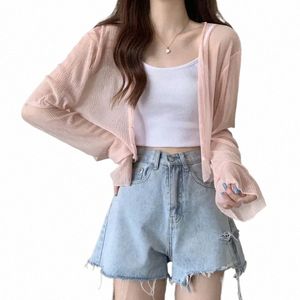 Fairy Style Solid Cardigan Women Summer New LG Sleeve Sunscreen Sweet Beading V-Neck B Loose Chiff Cardigan Y0XR#