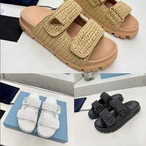 NewPrad Triângulo fivela palha tecer chinelo sandália plataforma Raffias chinelos designer mulher verão salto plano casual flip flops ao ar livre piscina sliders praia sapato