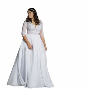 Classic Wedding Dres Plus Size V-Neck 3/4 ärmar Brudklänningar Lace Chiff A-Line golv Lenth Vestidos de Novia 2023 58VC#