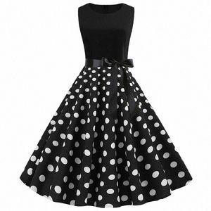 Черный горошек Лето Dr Женщины Винтаж Pin up Vestidos Robe Femme Повседневная трапециевидная форма с рукавами Party Dr p0El#