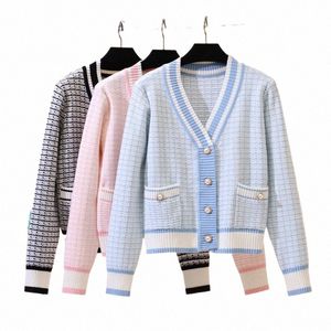 2023 Short Cardigan Women's Sweater Coat Autumn and Winter New Style Ytter V-Neck Loose Plaid Top All-Match Casual 9974#