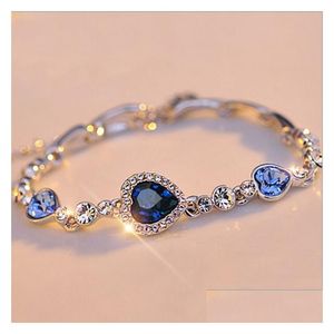 Braccialetti con ciondoli Bracciale con diamanti scintillanti di lusso Classico cuore dell'oceano Romantico 925 Sier Love Acquamarina Gioielli da sposa 22 cm Goccia Dhxrh