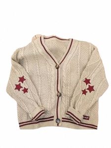 knit Print Winter Cardigan Sweater Chic Vintage Star Preppy Lg Sleeve Autumn V Neck Aesthetic Retro Single Breasted Sweaters O1Az#