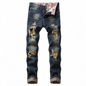 Mens Jeans Rasgado Distred Com Joelho Camoue Patchwork Calças Retas Slim Jeans Vintage Blue Denim Calças Streetwear A9dH #