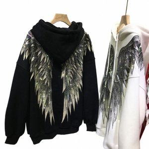 بالإضافة إلى حجم XL-4XL Diamd Diamd Stam Wings Women Hoodies American Street Cool Trendy Hoody Cardigan Autumn Winter Coats O8LM#