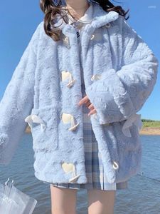 Kurtki damskie zimowy płaszcz dla kobiet koreańsko -mody kokardowy guziki polar Kobiet japońskie kawaii w stylu preppy gęsty ciepło