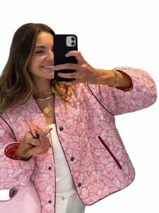 Sweet Pink Print Cott Coat Women LG ärmar V Neck With Pocket Jacket 2023 Autumn Winter Female Fi Thick Warm Outwears P3GA#