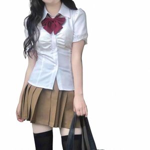 2023 Summer Girls New Uniform Suit White Shirt Slim Midje kjol Set Women College Style Puff Short-Sleeve Shirt Top With Bow 71TC#