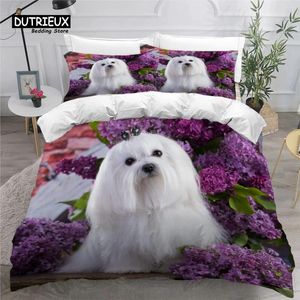 Conjuntos de cama Bonito Maltese Dog Duvet Cover Set Pet Cães Tema Microfibra Kawaii Animal Consolador Twin King para Crianças Adolescentes