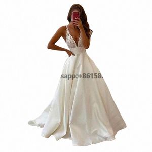 semplice A-line Wedding Dres 2023 Raso Appliqued Backl Scollo a V Abito da sposa Vestido de Noiva Aperto Indietro Vintage Bianco Avorio E78J #