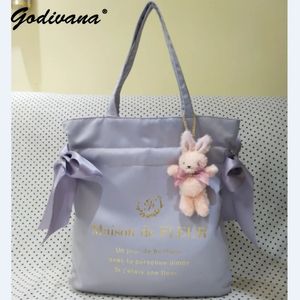 Borsa a tracolla portatile in nastro di raso stile giapponese con coulisse e doppio fiocco per borse da donna di grande capacità 240328