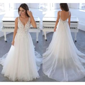 Verão boêmio rendas tule vestidos de casamento sexy aberto para trás uma linha apliques v pescoço rendas até plus size vestidos de noiva personalizado madebc