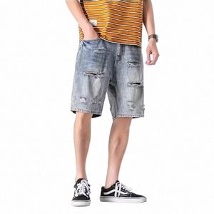 Reddachic Skater män rippade hål denim shorts borstade blå w frayed baggy jeans jorts wide ben casual byxor sommarkläder p1ka#