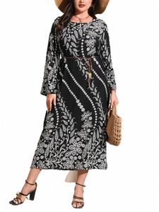 Gibsie Plus Size Women Holiday incly print lg sleeve dr with belt female fants a-line boho lg dres 2024 Spring 65pc#