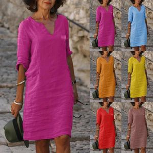 Casual Dresses Retro Cotton Linen Summer Dress for Women Solid Color Half Sleeve Mini Elegant Loose Boho Beach Party Sundress