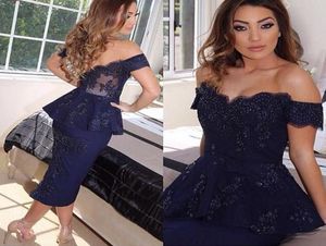 Elegant 2020 Navy Blue Beaded Cocktail Dresses Tea Length Peplum Off Shoulder Prom Dresses Applique Lace Formal Dresses Party Even4319232