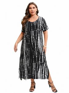 Plus Size Dr para Mulher 2023 Verão V Neck Manga Curta Branco Preto Listrado Impressão Casual Dr Solto Oversized Maxi Lg Dr s4Dr #