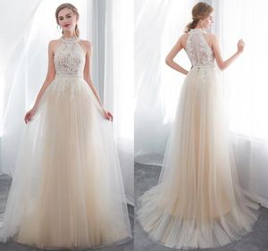 New Designer Champagne Halter Neck A Line Tulle Wedding Dresses Lace Appliqued Sleeveless Summer Beach Wedding Bridal Gowns CPS1017827739