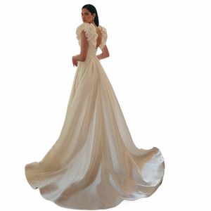 Alim Kara Sleevel Satin Wedding Dr 2024 Chic v-neck A-line Court 기차 신부 가운 Princ W153 Backl Vestido de Novia E5RF#