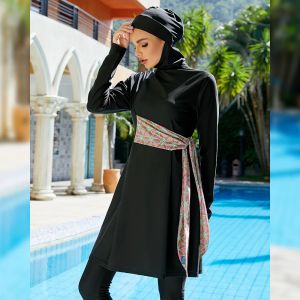 衣類2023新しい長袖ソリッドイスラム教徒の水着女性水着バーキニ3ピーストップパンツキャップマデストスイミングビーチウェアイスラムスーツ