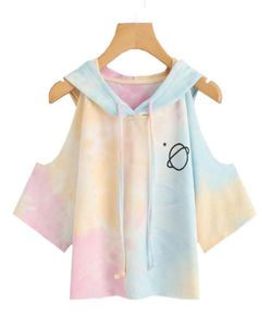 Offene Schulter Wasserfarbe Kapuzen T-Shirt Mehrfarbig 34 Ärmel Tie Dye Damen Top Tunnelzugverschluss Lässiges Crop T-Shirt 2020 GRNSHTS4134001