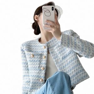 2023 New Korean Fi Women LG Sleeve Tweed Jacket Coat Autumn Winter O-Neck Short Cot Casuare Outerwomen's Crop Top C72Z＃