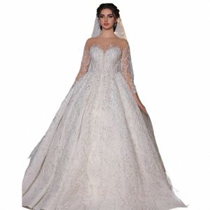 lusso Sweetheart bordare cristallo Dubai Wedding Dres Ball Gown Illusi Lg manica Arabia Arabo Abito da sposa B7Rk #