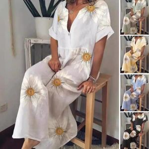 Casual Dresses Women Maxi Dress Bohemian Style Floral Print For Short Sleeve V Neck Button A-line Vacation Beach Soft