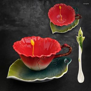 Tazze Piattini Nordic Pastorale Tazza da caffè Piatto Confezione regalo Set Squisita tazza smaltata dipinta a mano Giallo Rosso Rosa Fiore di alta bellezza Tè