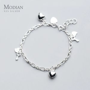 Modian 925 Sterling Silver Simple Hearts Key Charm Bracelet Bangle for Women Link Chain Korea Style Fine Jewelry Pulseira 240327