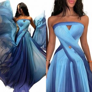 Aleeshuo Sexy A-Line LG Chiff Blue Вечерний вечерний Dres Pleat Strapl Beach Redevel Prom Dr Backl Hollow Party Gown M2UB#