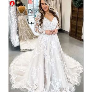 Sexy Plus Size Wedding Gowns Deep V Neck Lace Appliqued Long Sleeves A Line Bridal Backless Court Train Arabic Second Reception Dress Vestidos De Novia