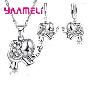 Colar brincos conjunto est fino 925 prata esterlina brilhando cristal austríaco cz elefante design para presente da menina feminina