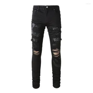 Jeans da uomo effetto consumato ricamato con fori di serpente patchwork nero High Street elasticizzato slim fit strappato