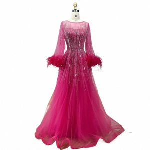 Serene Hill Muslim Fuchsia A Line Luxury Evening Dres klänningar 2024 med fjäderpärlor för kvinnor Bröllopsfest LA72248 A71E#