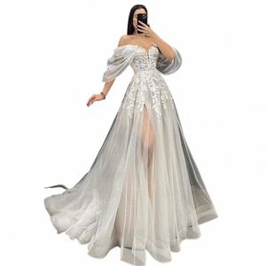 Ivory A-Line Wedding Dres 2023 Kvinnor V-ringning Korta ärmar LG Bride Dr Sweep Train Lace Applique Custom OCN GOWNS N6UE#