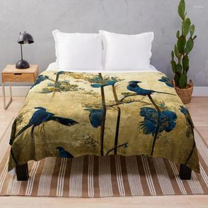 Coperte Pittura cineserie blu e oro con fiori di uccelli Coperta da tiro Plaid caldo letto ponderato