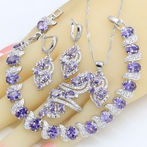 Zestawy biżuterii w Dubaju dla kobiet Wedding Purple Amethyst Naszyjnik Wisiorek Pierścień Bransoletka Podarunek 220725319X