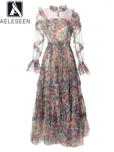 Günlük elbiseler aeleseen yüksek kaliteli katmanlı elbise kadınlar bahar yaz see-through çiçek baskı fırfırlar örgü yenilebilir ağaç zarif balo