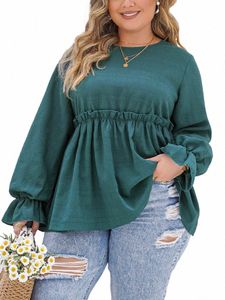 gibsie plus size solid frill trim peplum top blus kvinnor fi 2024 vår elegant lg ärm kvinnlig casual o-hals blusar i0qw#